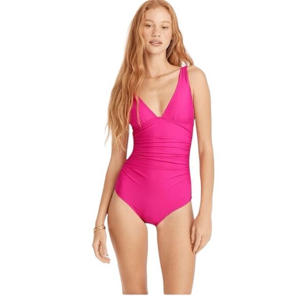 NWT J. Crew Ruched V-neck One-Piece in Radiant Fuschia - Picture 1 of 12
